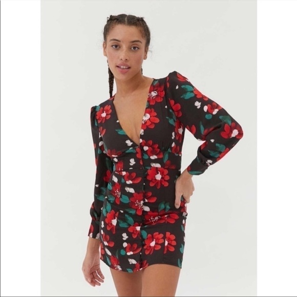 UO Michelle Plunging Long Sleeve Floral Mini Dress - Picture 2 of 13
